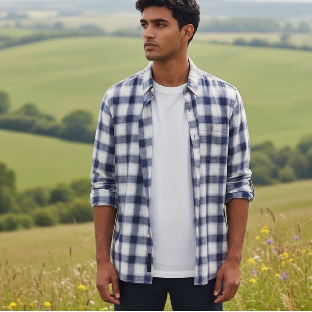 Calvin Klein Men's Blue White Plaid Classic Fit Long Sleeve Shirt Size Small